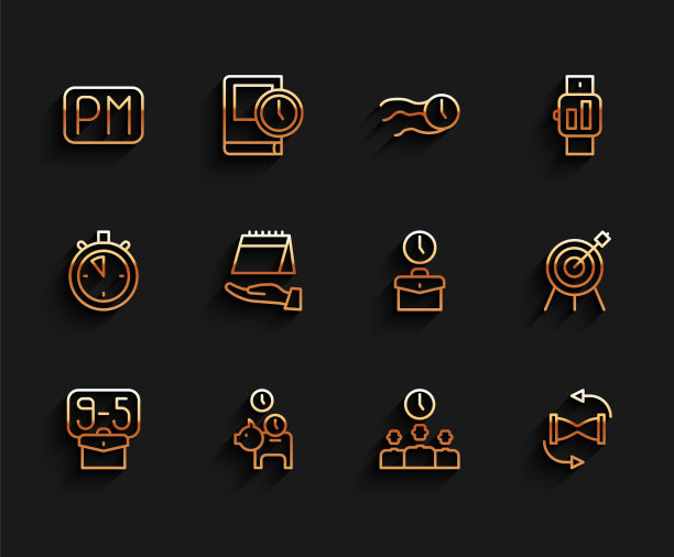 设定线从9开始，存钱罐硬币，白天时间，时间管理，旧沙漏，日历，目标运动和工作图标。向量图片下载