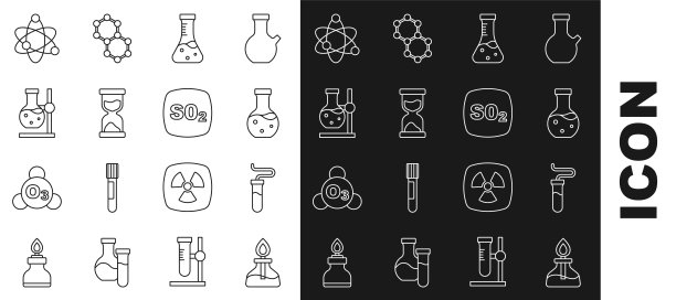 设置线酒精或酒精燃烧器，试管，旧沙漏，烧瓶上的立场，原子和二氧化硫二氧化硫图标。向量图片下载