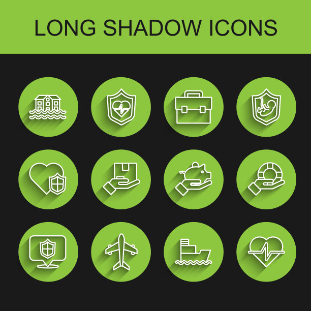 设置线路位置盾，平面，房屋洪水，船舶，人寿保险，交付，救生圈手和储蓄罐图标。向量图片下载