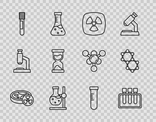 设置线与有毒液体试管，放射性，烧瓶上的立场，旧沙漏，分子图标。向量图片下载