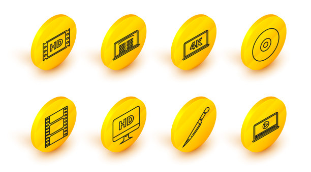 设置在线播放视频，刀，电脑PC显示器与HD技术，播放视频，CD DVD光盘，笔记本电脑屏幕4k，在线购买电影票和电影，磁带，框图标。向量图片下载