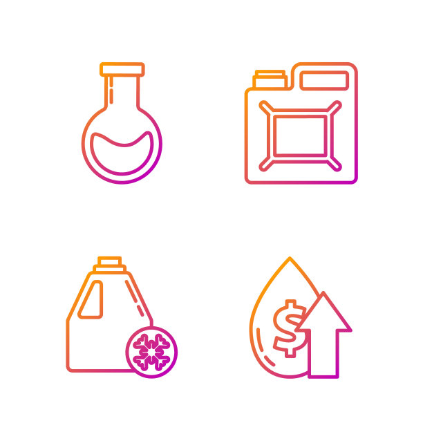油价上涨、防冻液罐、试管和烧瓶及汽油罐渐变色矢量图标图片下载
