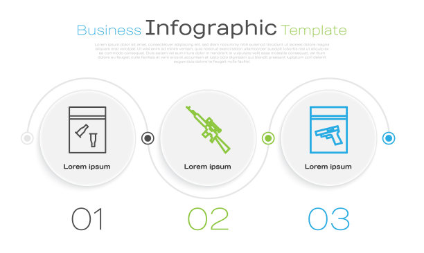 放好证物袋和子弹，带瞄准镜的狙击步枪，证物袋和手枪或手枪。业务信息模板。向量图片下载