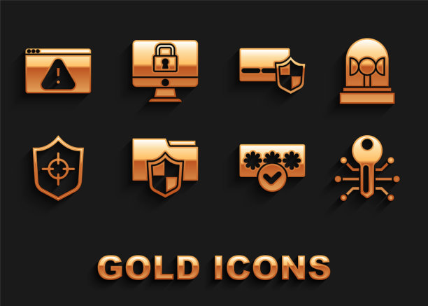 设置文件文件夹保护、闪光警报器、智能钥匙、密码、屏蔽、信用卡屏蔽、浏览器感叹号和锁定监视器图标。向量图片下载