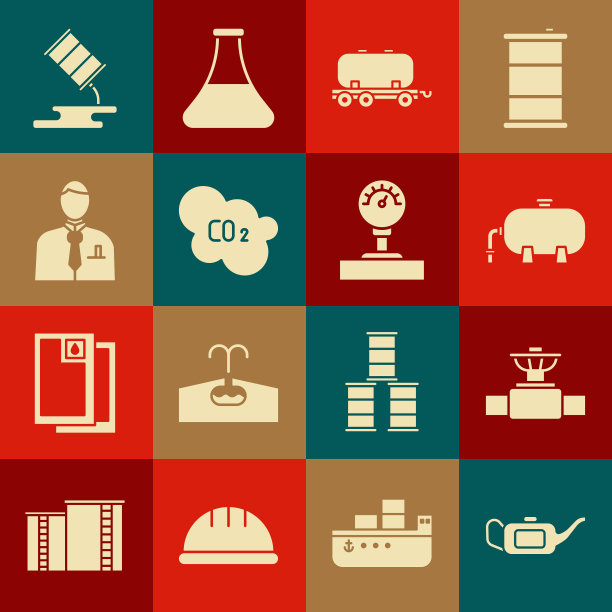 集机油罐，工业管道和阀门，石油工业厂房，铁路贮水池，二氧化碳排放云，商人股票市场交易员，桶泄漏和仪表刻度图标。向量图片下载