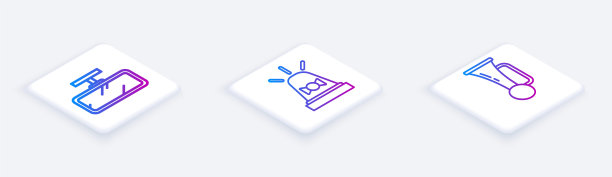 设置等距线汽车后视镜，闪光警报器和信号喇叭。白色正方形按钮。向量图片下载