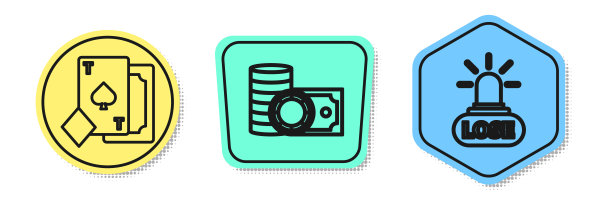 设置线用黑桃，赌场筹码和堆栈现金和赌场输。颜色的形状。向量图片下载