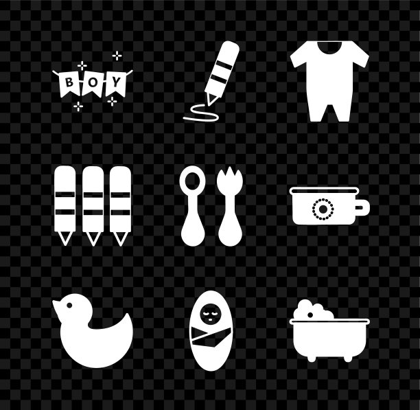 设置狂欢节花环与旗帜，蜡笔画，婴儿衣服，橡皮鸭，新生儿婴儿襁褓，浴缸，蜡笔和餐具叉子勺子图标。向量图片下载