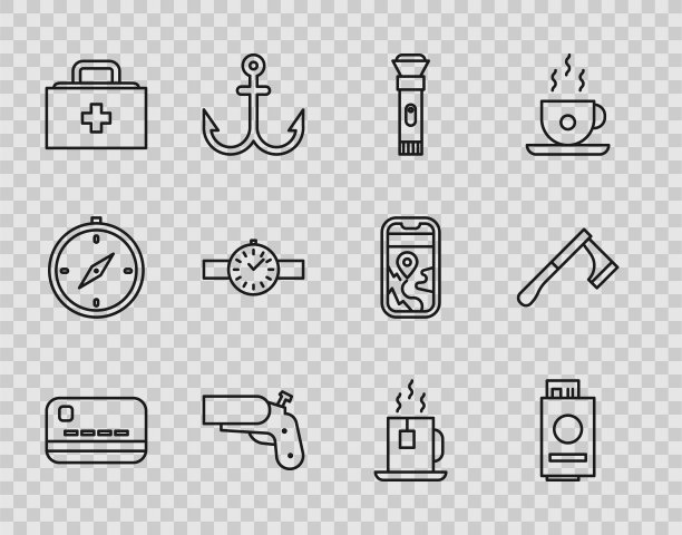 设置行信用卡，护照与票，手电筒，信号枪手枪，急救箱，腕表，杯茶茶包和木斧图标。向量图片下载