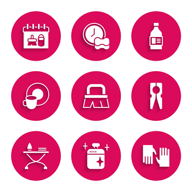 设置清洁刷，清洁锅，橡胶手套，衣针，熨斗和烫衣板，洗碗，瓶剂和清洁日历图标。向量图片下载