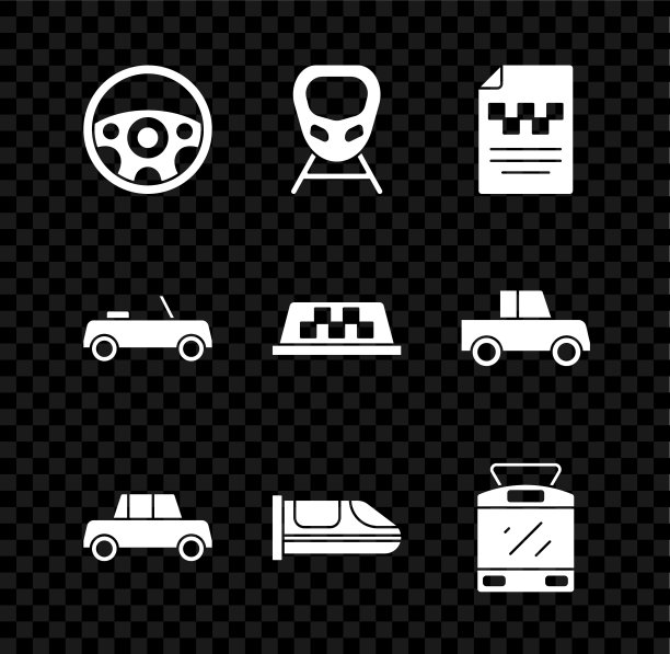设置方向盘、高速列车、出租车驾驶证、汽车、电车和铁路，以及车顶图标。向量图片下载