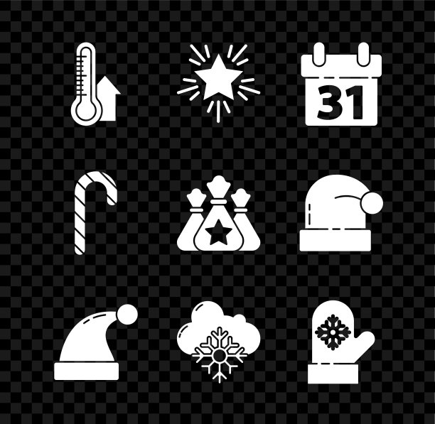 设置气象温度计测量，圣诞星，日历，圣诞老人的帽子，云与雪，手套，糖果拐杖条纹和包礼物的图标。向量图片下载