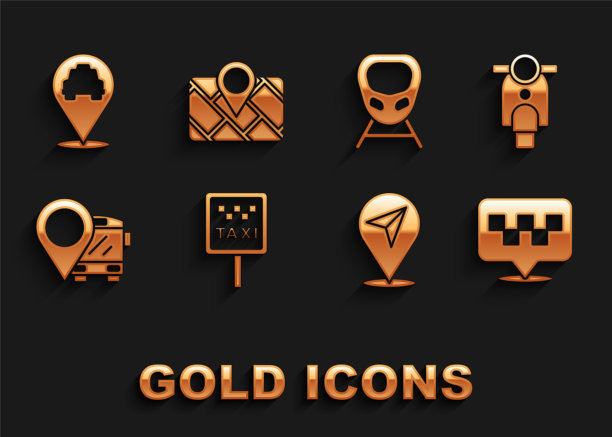 设置道路标志的出租车站，滑板车，位置与，巴士，高速列车，和Gps设备地图图标。向量图片下载