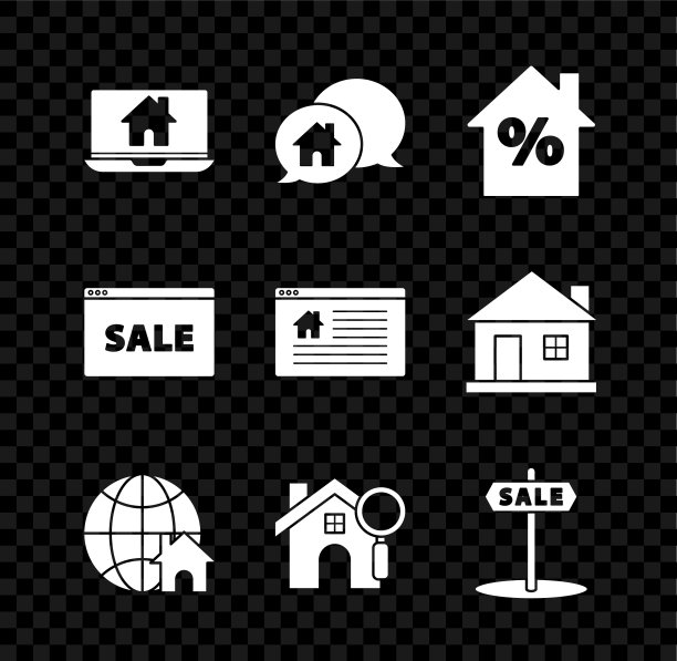 设置笔记本电脑和智能家居，房屋建筑在语音气泡，百分比折扣标签，全球房子符号，搜索，悬挂标志文本销售，在线和图标。向量图片下载
