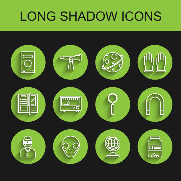 设置线助手，外星人的脸，书，地球地球仪，药瓶和药丸，电测量仪器，磁铁和放大镜图标。向量图片下载