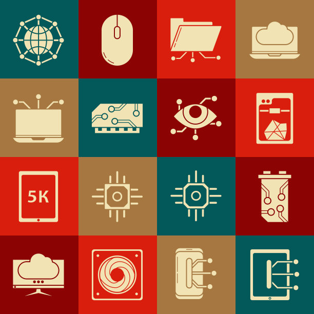 设置平板电脑、显卡、3D打印机、文件夹和锁、RAM、随机存取存储器、笔记本电脑、全球科技社交网络和虚拟现实图标。向量图片下载