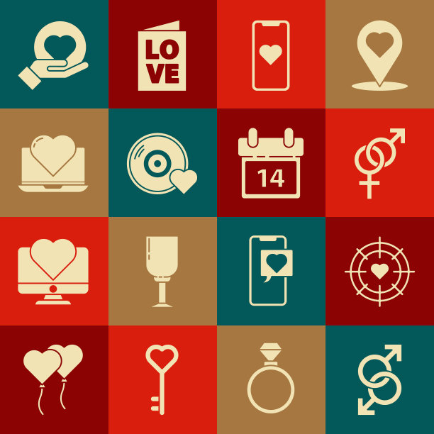设置男性性别符号，心在中心的镖目标目标，性别，手机与心，浪漫的音乐，笔记本电脑，手和日历2月14日的图标。向量图片下载