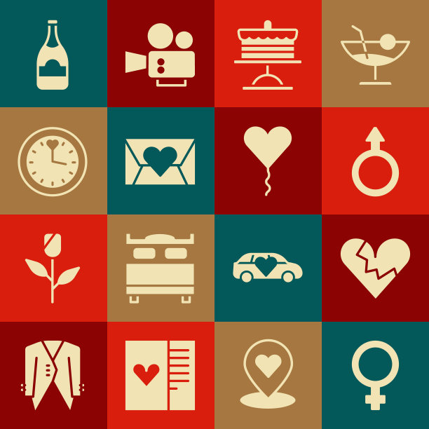 设置女性性别符号，心碎或离婚，男性，蛋糕在盘子上，信封与情人节，时钟，香槟瓶和气球的图标形式。向量图片下载