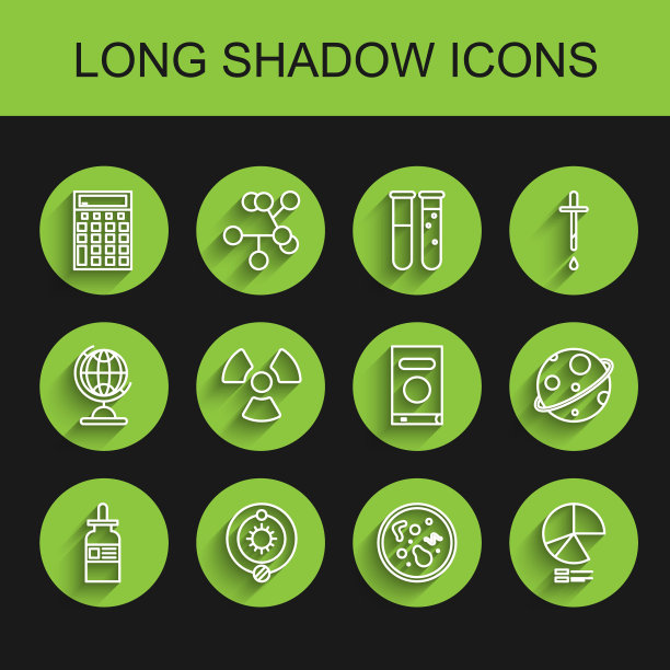 设置线玻璃瓶与移液管，太阳系，计算器，细菌，饼图信息图表，放射性，行星和书的图标。向量图片下载