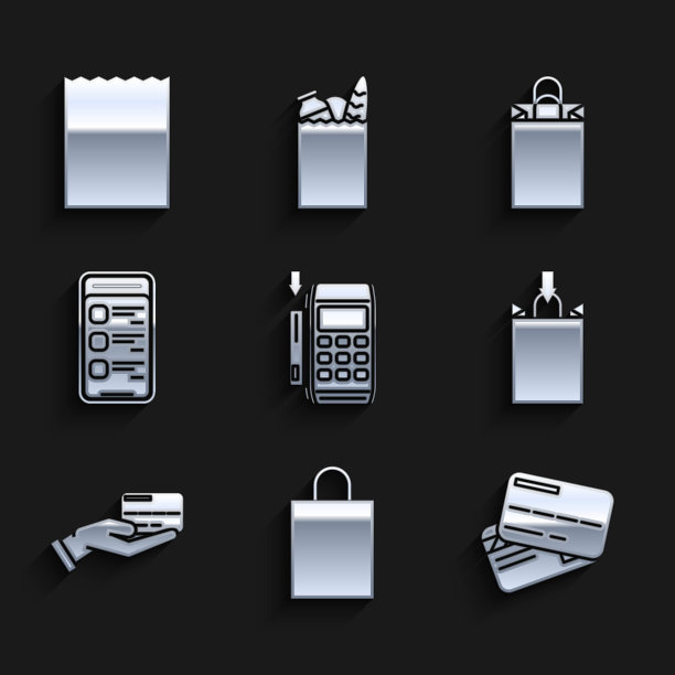 Pos机内置信用卡、纸质购物袋、信用卡、人手手持、手机在线、图标。向量图片下载