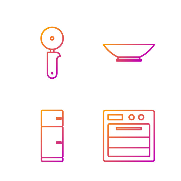 设有烤箱，冰箱，披萨刀和碗。渐变颜色图标。向量图片下载