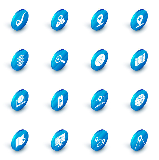 设置折叠地图与位置标记，地图指针星，医疗交叉医院，交通灯，城市导航信息图，搜索，纸飞机图标。向量图片下载