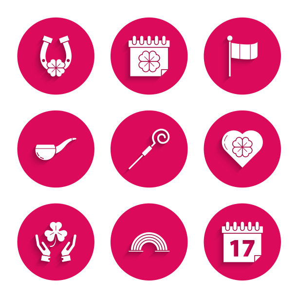 集手杖、彩虹、圣帕特里克节日历、心四叶三叶草、人手牵手、烟斗、爱尔兰国旗和马蹄铁标志于一体。向量图片下载