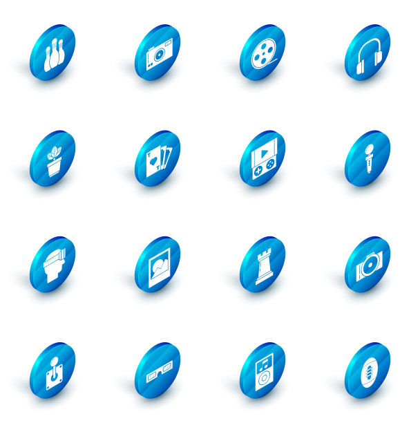 设置相机，电影卷轴，耳机，花盆花，虚拟现实眼镜，带心形标志的扑克牌，街机操纵杆和便携式视频游戏机图标。向量图片下载