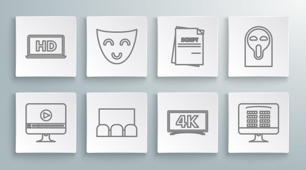 在线播放视频，喜剧戏剧面具，在线购买电影票，场景，搞笑和吓人鬼，笔记本电脑屏幕高清技术图标。向量图片下载