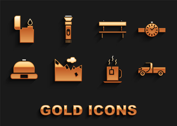 设置山脉，腕表，皮卡，茶包，豆帽，凳子，打火机和手电筒图标。向量图片下载