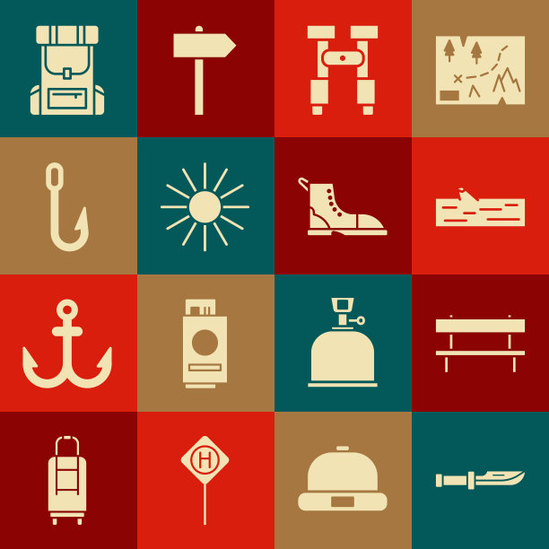 设置野营刀，长凳，原木，望远镜，太阳，钓鱼钩，徒步旅行背包和靴子图标。向量图片下载