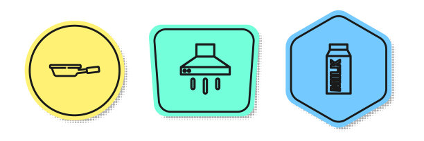 设有煎锅、抽油烟机和牛奶纸盒。颜色的形状。向量图片下载