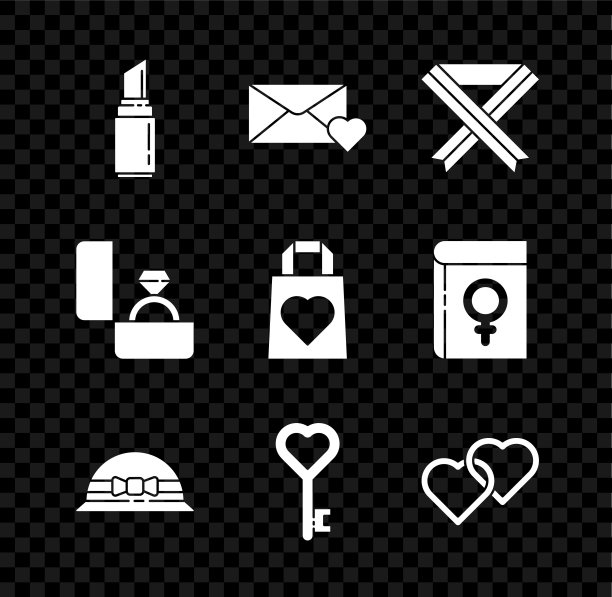 套装口红，信封与3月8日，乳腺癌意识丝带，优雅的妇女帽子，钥匙在心脏形状，两颗相连的心，钻石订婚戒指和购物袋图标。向量图片下载