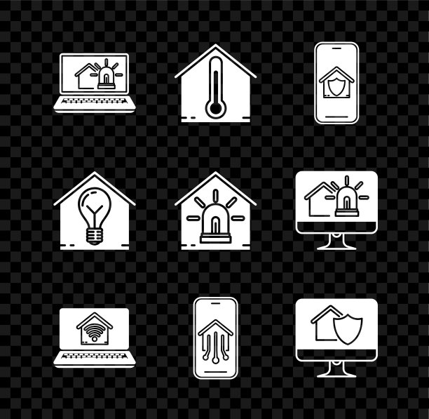在笔记本电脑上设置智能房屋和报警，房屋温度，手机保护，家庭wi-fi，电脑显示器，智能灯泡和图标。向量图片下载