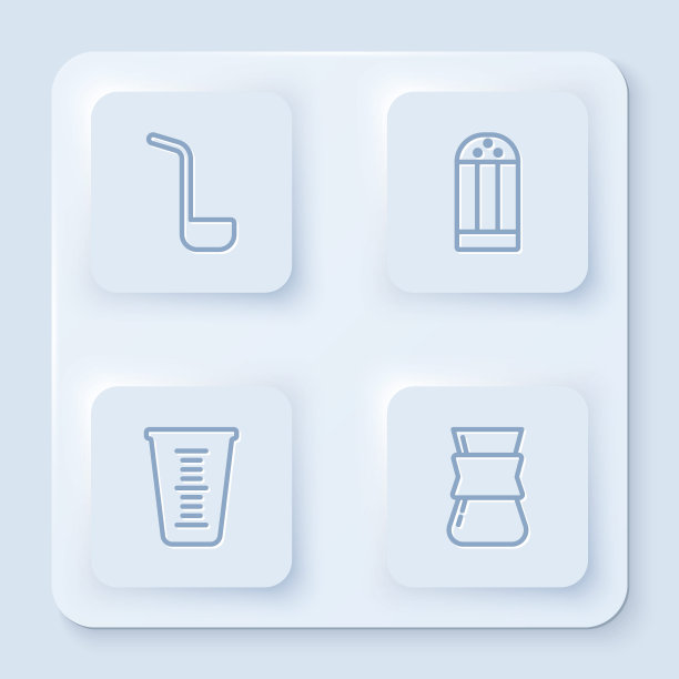 成套厨房勺，盐，量杯，咖啡壶。白色正方形按钮。向量图片下载