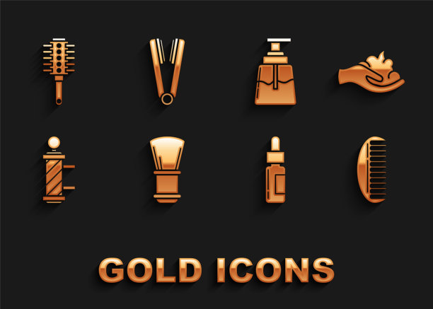 设置剃须刷，凝胶泡沫在手，发刷，玻璃瓶与移液管，经典理发店杆，须后水，卷发器图标。向量图片下载