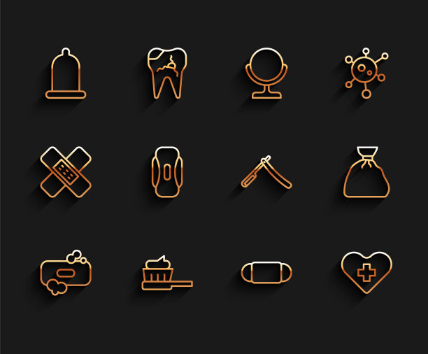 设置行条肥皂，牙刷牙膏，避孕套，医用防护口罩，心十字，卫生巾，垃圾袋和直剃须刀图标。向量图片下载