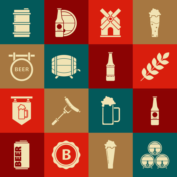 木桶架，啤酒瓶，谷物架，大米，小麦，玉米，燕麦，黑麦，大麦，风车，街牌铭文，金属啤酒桶和图标。向量图片下载