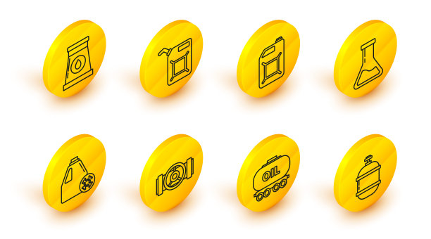 线条集：丙烷气罐、油罐车、工业金属管道和阀门、防冻液罐、试管烧瓶、汽油罐和工业厂房图标矢量素材图片下载