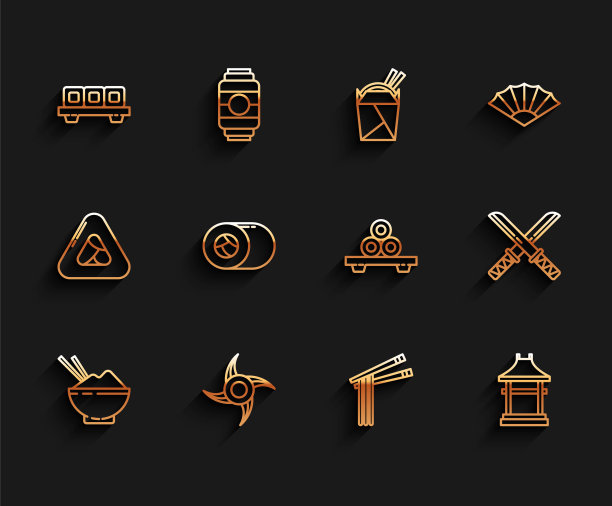 一碗米饭配筷子，日本忍者飞镖，寿司切板，亚洲面条和筷子，大门，传统武士刀和图标。向量图片下载