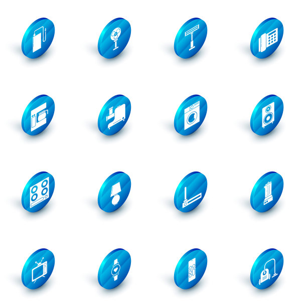 设置电风扇，加热器，电话，咖啡机与玻璃壶，煤气炉，厨房绞肉机，立体声扬声器和洗衣机图标。向量图片下载