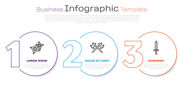设置线日本忍者飞镖，交叉中世纪的斧头和中世纪的剑。业务信息模板。向量图片下载