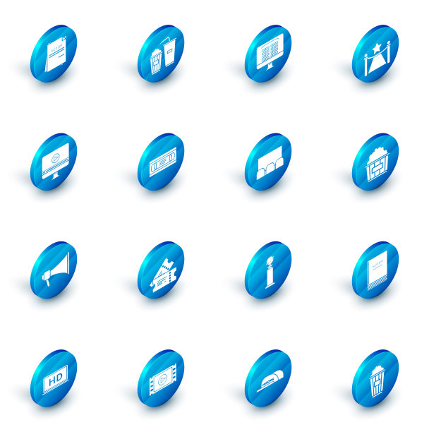 设置爆米花和汽水饮料杯，在线购买电影票，地毯障碍明星，在线播放视频，扩音器，VHS磁带，纸箱和图标。向量图片下载