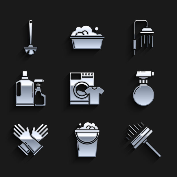 设置洗衣机和t恤，橡皮刮刀，刮板，刮水器，橡胶手套，装洗碗液的塑料瓶，淋浴喷头的水滴和马桶刷图标。向量图片下载