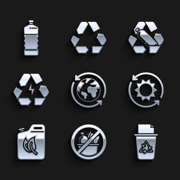设置地球和回收，无垃圾，回收站与回收标志，太阳能电池板，生物燃料罐，电池，回收塑料瓶和塑料图标。向量图片下载