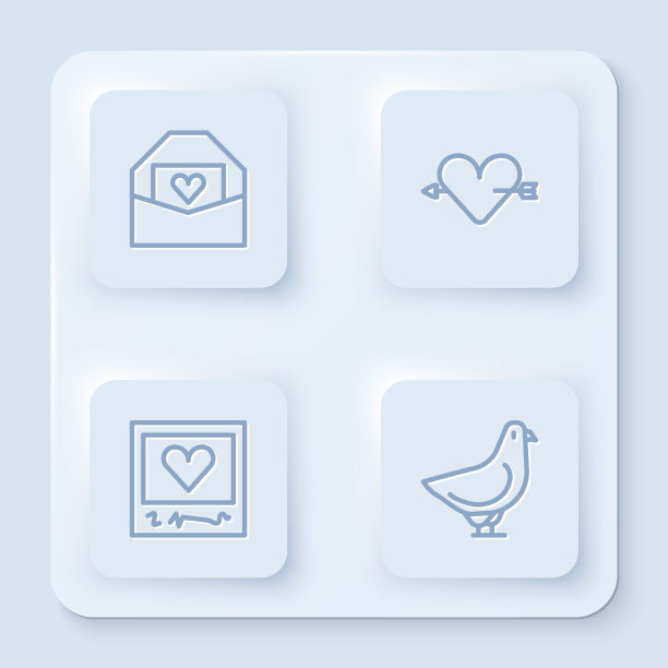 集线信封与情人节心，爱情和箭，相框心和鸽子。白色正方形按钮。向量图片下载