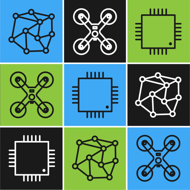 设置线神经网络，处理器与微电路CPU和无人机飞行图标。向量图片下载