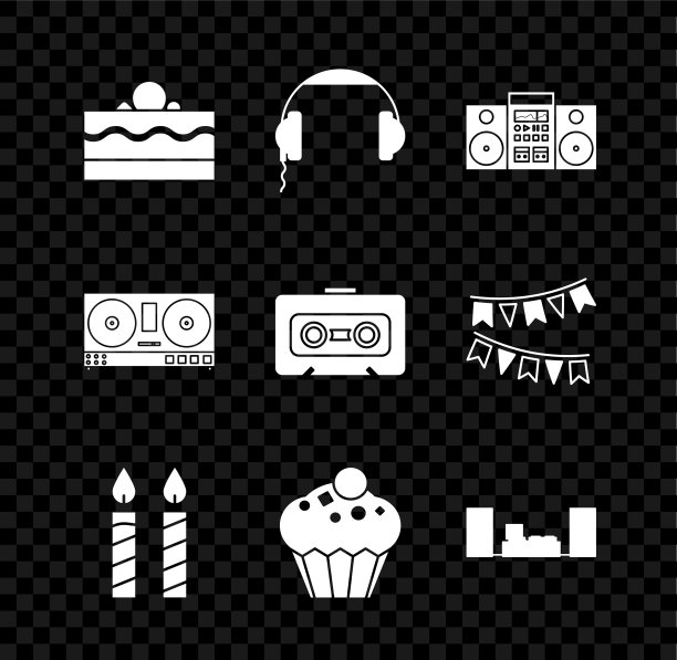 设置蛋糕，耳机，家庭立体声两个扬声器，生日蛋糕蜡烛，松饼，DJ遥控器播放混合音乐和复古磁带图标。向量图片下载