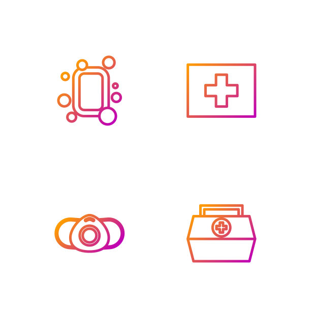 集急救箱，医用防护口罩，肥皂和。渐变颜色图标。向量图片下载