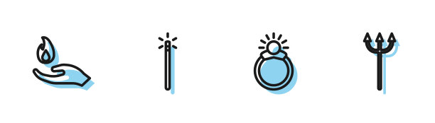 设置线魔法石戒指与宝石，手握火，魔杖和海王星三叉戟图标。向量图片下载